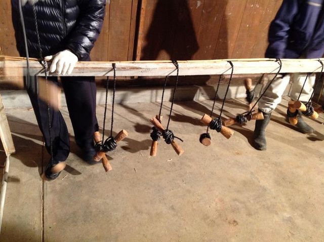 [4]まだ2本目です。 左から一つ置きに縄が交差されているのが、わかるでしょうか。 2本目以降は、一つおきに編んでいきます。 2本目は、左から1,3,5,7の場所を、次の3本目だと左から2,4,6,8の場所を編みます。 二人一組で、一人が4本の縄を担当します。 ヨシはササクレだって刺さることがあるので、軍手をして作業をされていました。