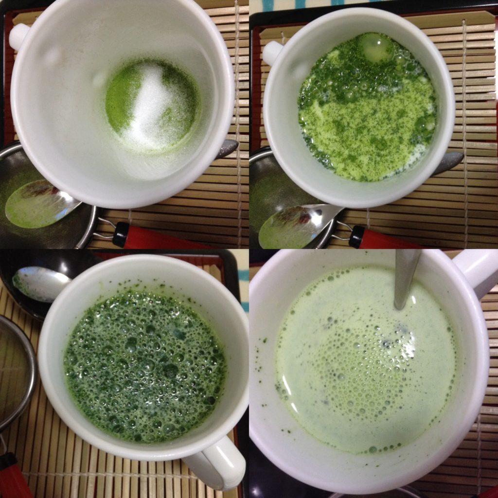 お抹茶のふるい3。こした抹茶にグラニュー糖を追加して、牛乳で割ってみました。