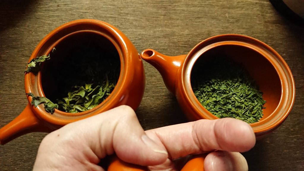 品種茶二種類の茶殻。かなり形状が違ってた。